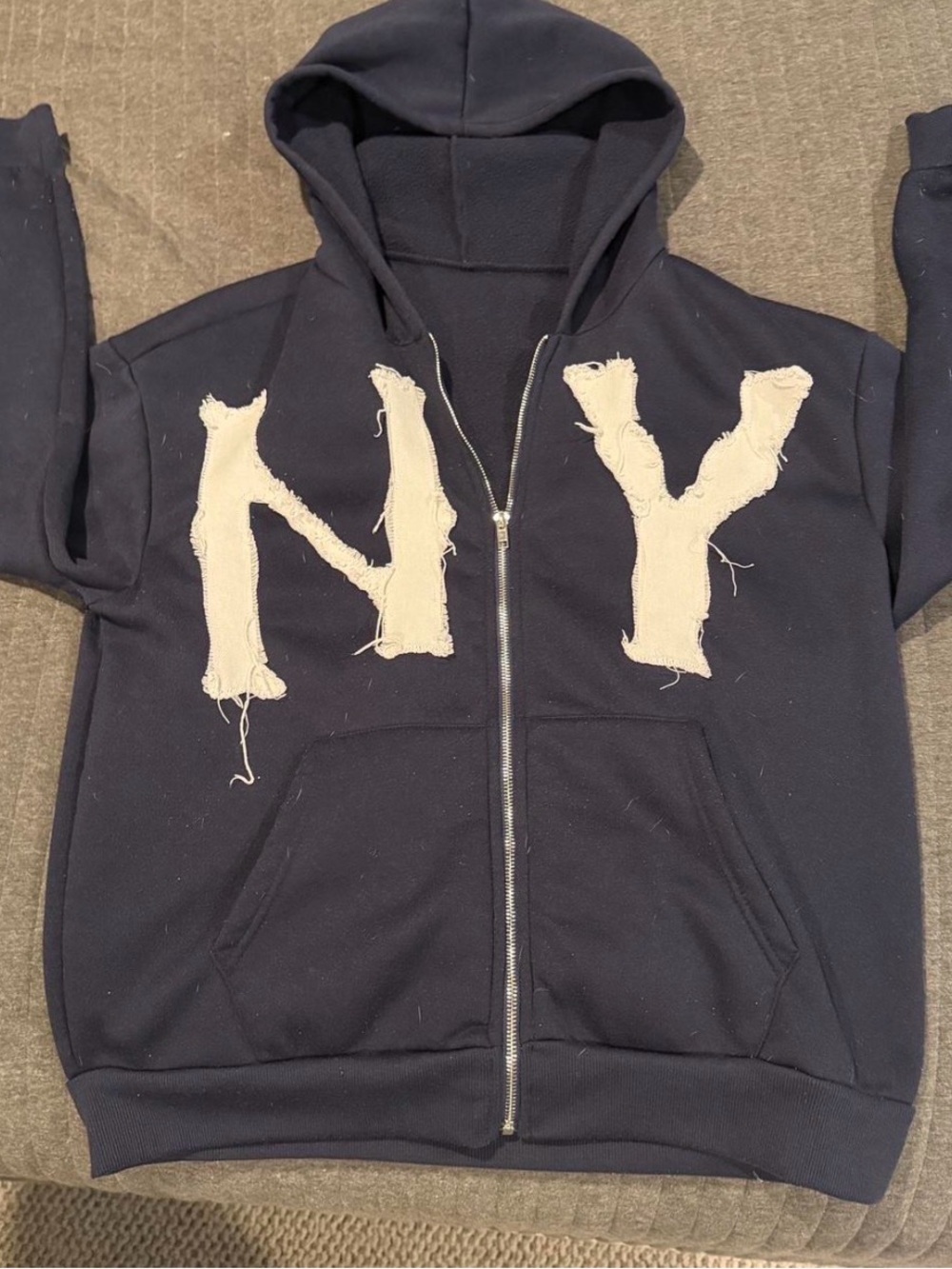 New York & Company Navy Blue Hooded Zip-Up Jacket with White NY Appliqué